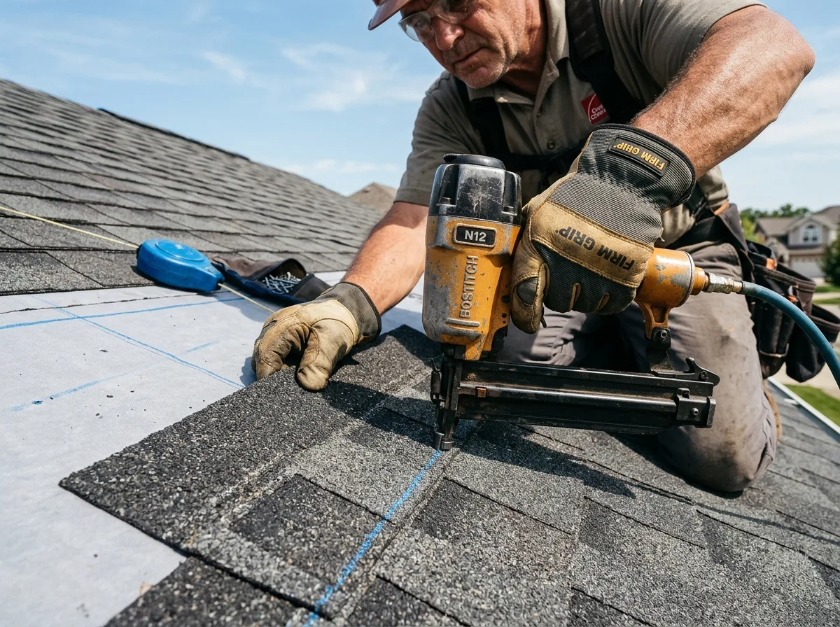 Roofer completing a detailed shingle repair