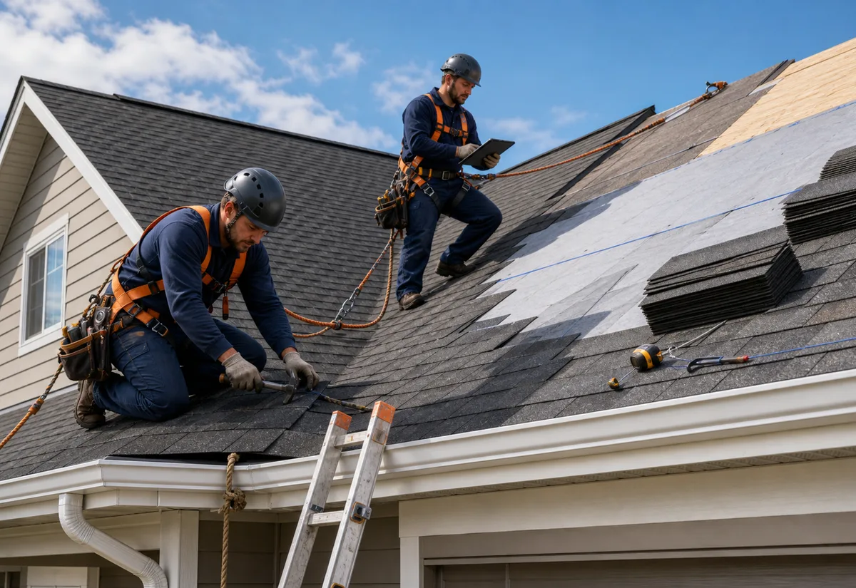 Roofing crew installing replacement shingles